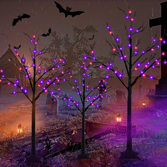 Set of 3 Lighted Black Halloween Tree 4FT 5FT and 6FT, Higher Size, Timer Function Orange & Purple Spooky Tree with 96 LED Lights for Indoor & Outdoor Halloween Decorations Yard Garden Home Party