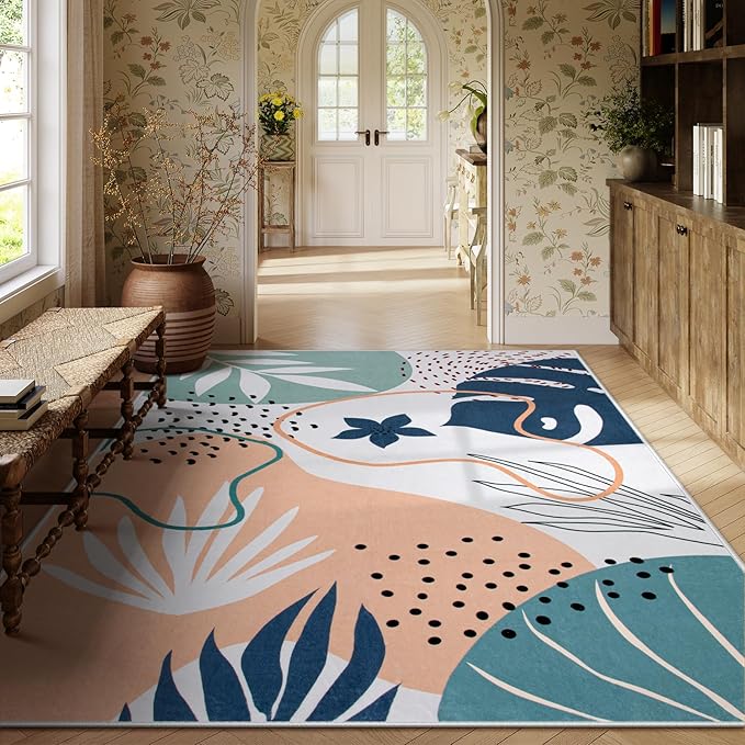 Lahome Machine Washable Rugs 8x10 - Ultra-Thin Soft 8x10 Rugs for Living Room Non-Slip Large Bedroom Rug, Boho Botanical Print Indoor Stain Resistant Floor Rug for Dining Room Table Office