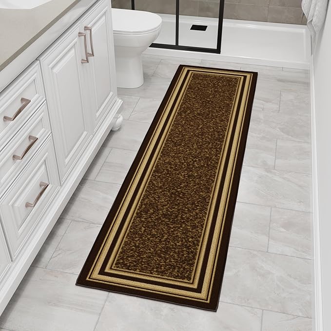 Ottomanson Hallway Runner Rug 1'10" x 7' Non Slip Border Area Rugs Easy to Clean Laundry Rug Runner Durable & Pet Friendly Floor Carpet Runners for Hallways Entryway Living Room Kitchen, Brown