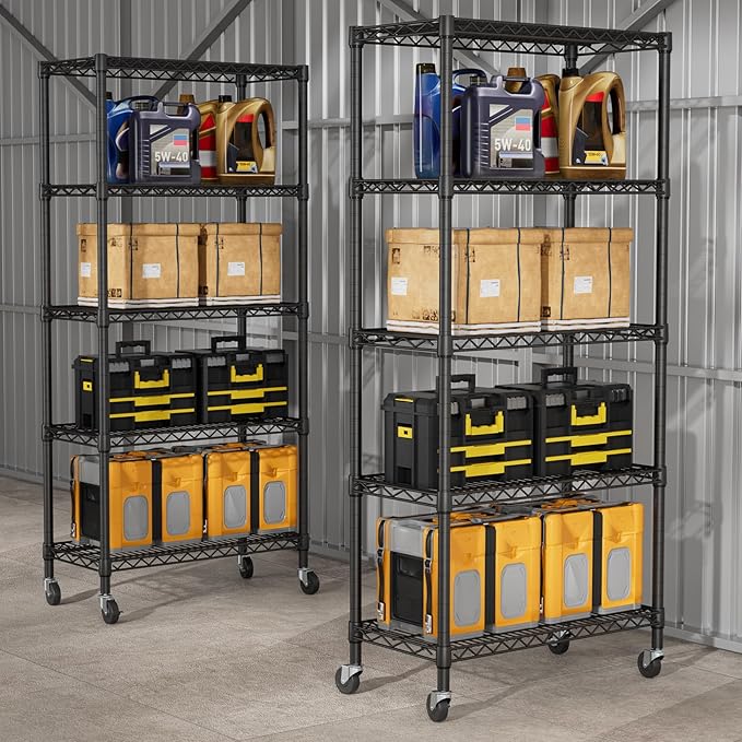 SINGAYE 5 Shelf Adjustable Heavy Duty Storage Shelving Unit with Wheels Steel Organizer Wire Rack Shelves Bathroom Organizers and Shelf Wire Closet Metal Pantry Kitchen Garage 14" DX30 WX70 H Black