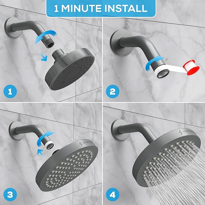 SparkPod Shower Head - High Pressure Rain - Premium Quality Luxury Design - 1-Min Install - Easy Clean Adjustable Replacement for Your Bathroom Shower Heads (Charcoal Grey, 6 Inch Round)