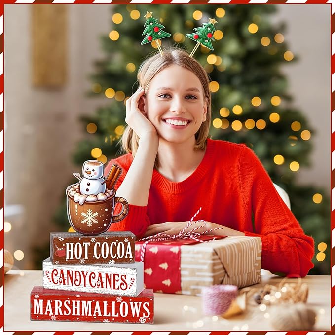 Geelin 4 Pieces Christmas Hot Cocoa Wooden Table Decorations Xmas Hot Cocoa Wooden Signs Rustic Marshmallow Tiered Tray Decor Tabletop Centerpieces for Home Desk Room Kitchen Shelf