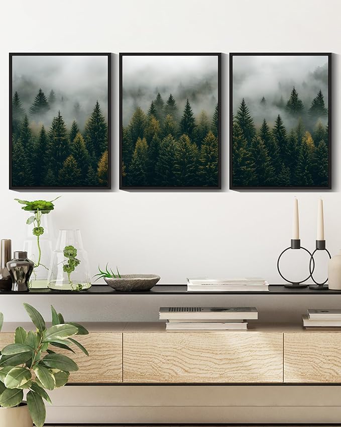 KUVIOKE Green Fog Pine Tree Landscape Framed Wall Art Nature Nordic Misty Forests Prints Morden Farmhouse Bedroom Living Room Ready to Hang 11x14in (Black Framed)