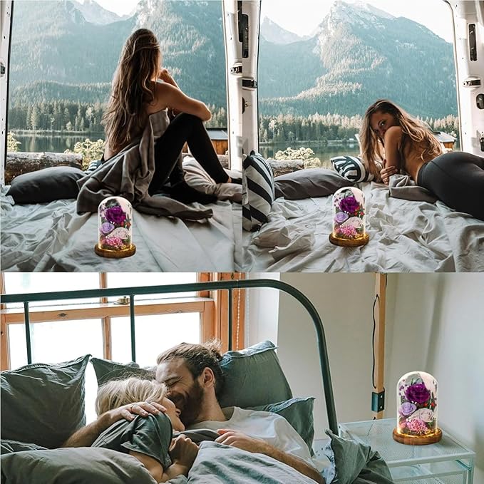 Forever Flowers with Symbolic Ladybugs: Preserved Flowers Gift for Women-Romantic Table Centerpiece-Valentines, Anniversary, Mothers Gifts for Her-Flowers for Delivery Prime (Purple)