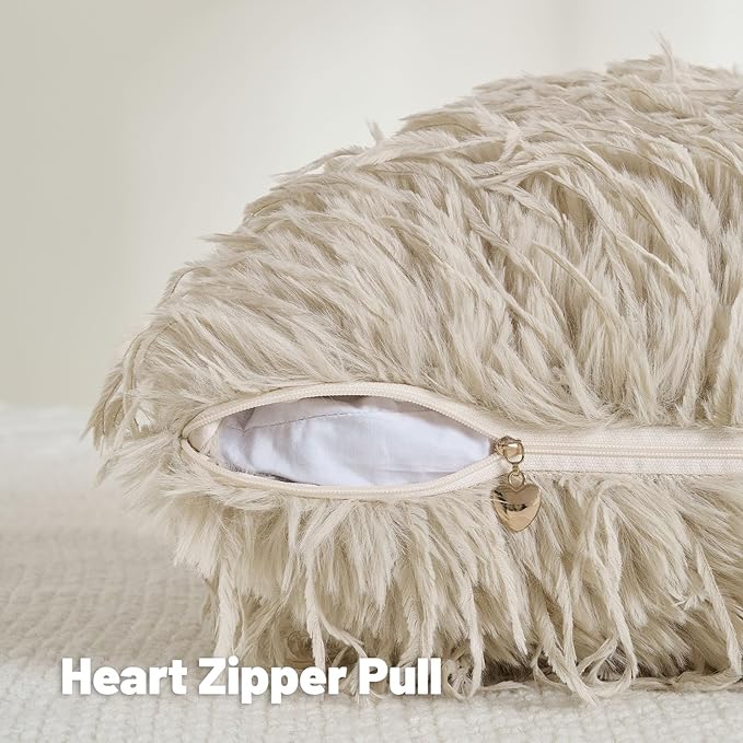 FUTEI Beige Decorative Throw Pillow Covers 16x16 Inch Set of 2,Soft Fluffy Faux Feather Texture Cushion Cases,Modern Home Luxury Decor for Couch Bed Living Room