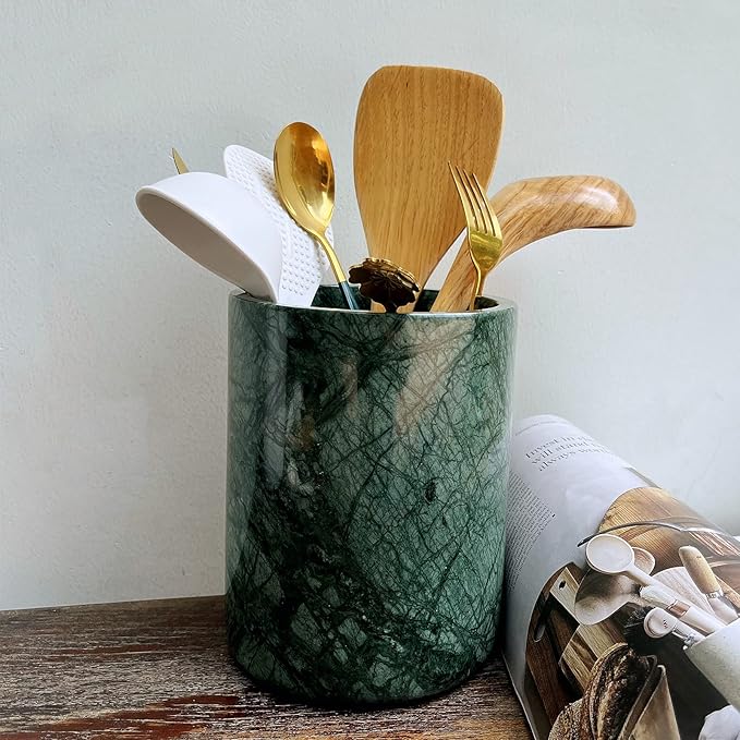 Handmand Natural Marble Stone Vintage Kitchen Utensil Holder - 5.1" D X 6.3" H Kitchen Counter Organizers and Storage Tool Crock (Indian Green)