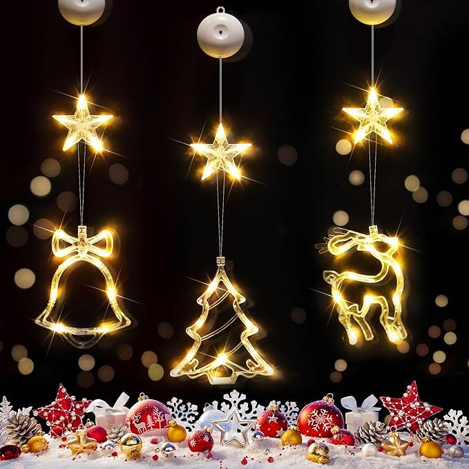 suddus Christmas Window Lights Decorations, 3Pcs Tree-Jingle Bell-Deer Shaped Xmas Lights Battery Powered with Suction Cups & Timer, Hanging String Lights Indoor for Tree, Fireplace, Warm White