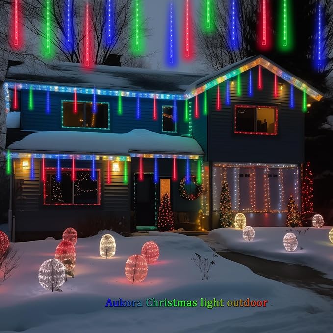 Aukora Christmas Lights Outdoor, 24 Tubes 576 LEDs Meteor Shower Light, Icicle Snow Falling Rain Lights for Xmas Tree Christmas Decorations Wedding Party Holiday Garden Decor, UL Plug (Multicolor)