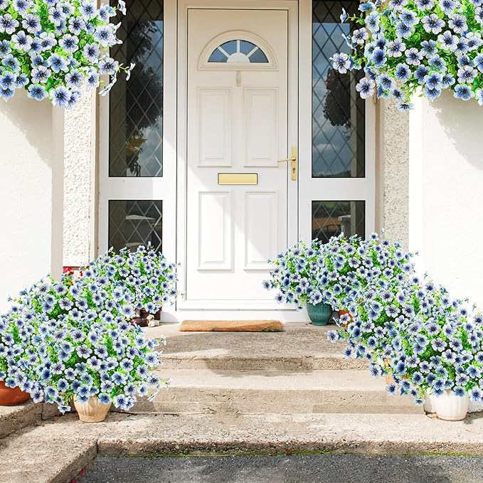 Agusbagli 10 Bundles Artificial Flowers Outdoor UV Resistant Fake Flowers No Fade Faux Plastic Greenery Shrub Plants for Wedding Home Garden Window Box Fireplace Thanksgiving Christmas Decor, Blue