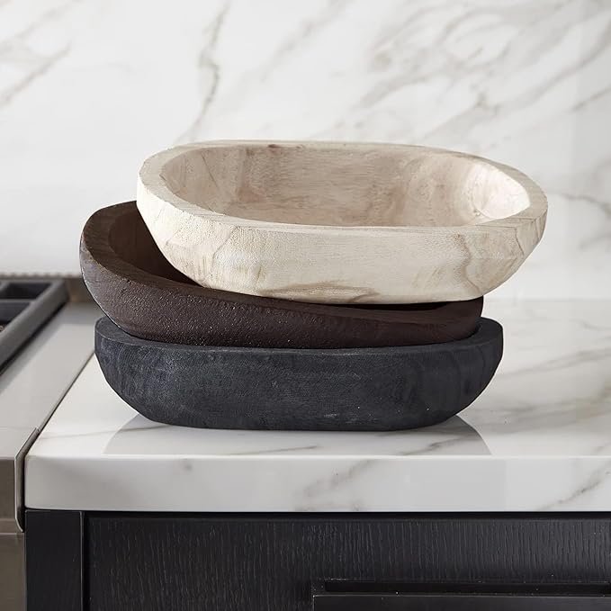 Wooden Dough Bowl Decor, Key Decorative Centerpiece Bowl, Hand Carved Baguette Bowl, Home Decor for Dining Table Center, Living Room, Kitchen (L14.6*W10.2*H0.8 inches) Squircle-Brown