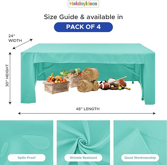 HolidayIdeas Open Back Fitted Tableclothss for 4 Foot Rectangle Table, Wrinkle Resistant Washable Table Covers 24x48 Inch for Craft Fairs, Banquets, Trade Show Display, Aqua,4 Pcs