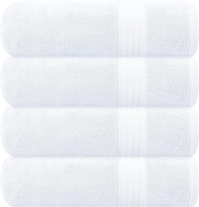 GLAMBURG Premium Cotton 4 Pack Bath Towel Set - 100% Pure Cotton - 4 Bath Towels 27x54 - Ideal for Everyday use - Ultra Soft & Highly Absorbent - White