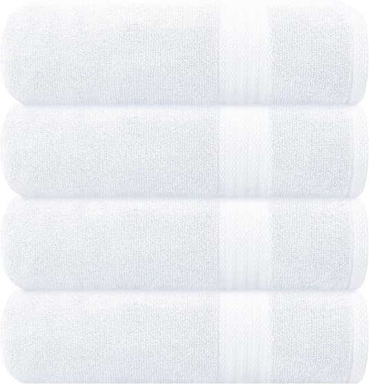 GLAMBURG Premium Cotton 4 Pack Bath Towel Set - 100% Pure Cotton - 4 Bath Towels 27x54 - Ideal for Everyday use - Ultra Soft & Highly Absorbent - White