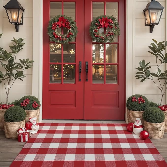 SEEKSEE Cotton Buffalo Plaid Rug 3'x5' Red and White Checked Rug Washable Doormats Indoor Outdoor Rugs for Layered Front Door Mats, Porch, Kitchen, Farmhouse, Entryway