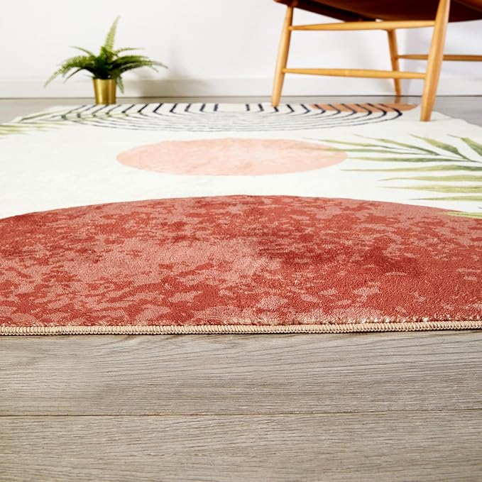 RoomTalks Mid Century Modern Washable Rug, Boho Cute Aesthetic 4x6 Area Rugs for Bedroom Dining Living Room Kitchen, Abstract Tropical Leaves Non Slip Thin Indoor Entryway Rug Accent Floor Carpet