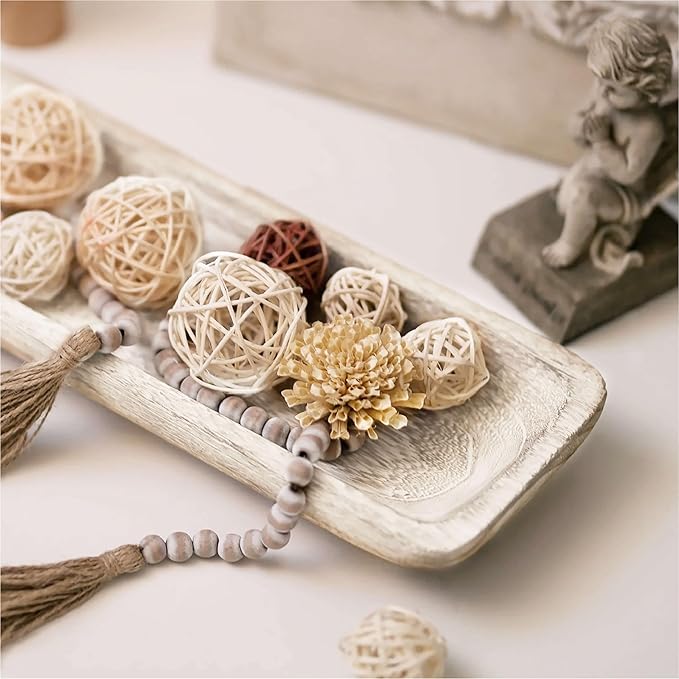 Wooden Dough Bowl Decor, Key Decorative Centerpiece Bowl, Hand Carved Baguette Bowl, Home Decor for Dining Table Center, Living Room, Kitchen (L20*W6.7*H2 inches) Rectangle-White