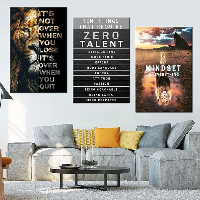 Motivational Canvas Wall Art Lion Inspirational Quote Wall Decor Zero Talent Poster Animal Picture Print Painting Modern Inspiring 3 Panels Artwork for Living Room Office Home Decor [72''Wx 36''H]