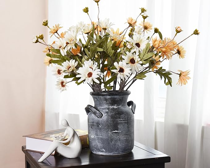 Quoowiit Ceramic Rustic Farmhouse Vase, Distressed Decorative Flower Vases for Home Decor, Ideal Shelf Decor, Grey Boho Vase for Living Room Bedroom Kitchen Office Centerpiece Table Decorations