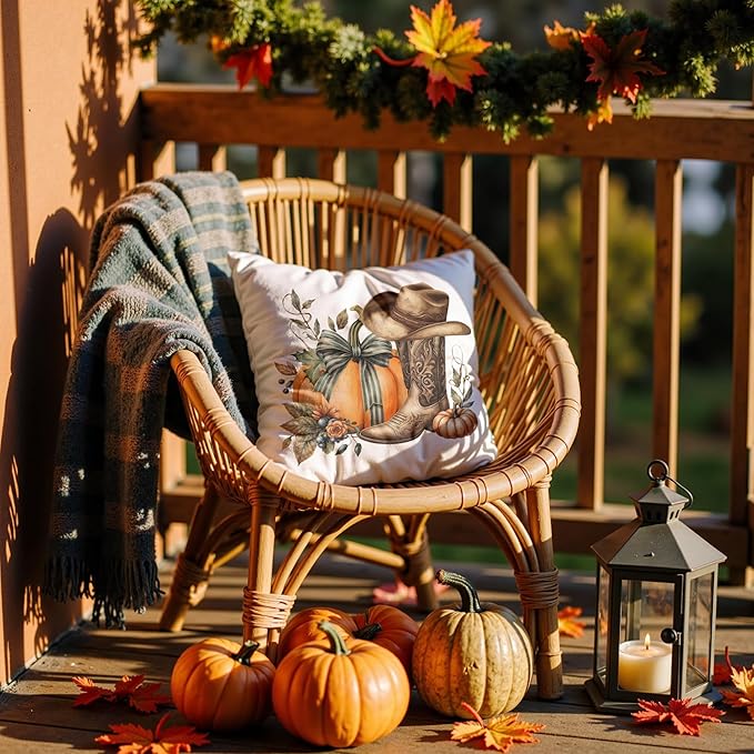 Boho Fall Western Pillow Covers 18x18, Western Fall Decor, Coquette Bow Autumn Pumpkin Country Cowgirl Boot Hat Decorative Throw Pillow Covers for Girls Room Home Bedroom Living Room