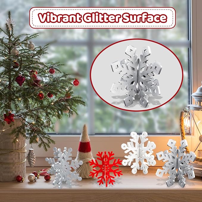 OuMuaMua Winter Christmas Centerpiece Table Decorations - 12pcs Wooden Snowflakes Decor 3D Red White Snowflake Tabletop Decor Snowflake Centerpiece for Xmas Holiday Tiered Tray Winter Farmhouse Decor