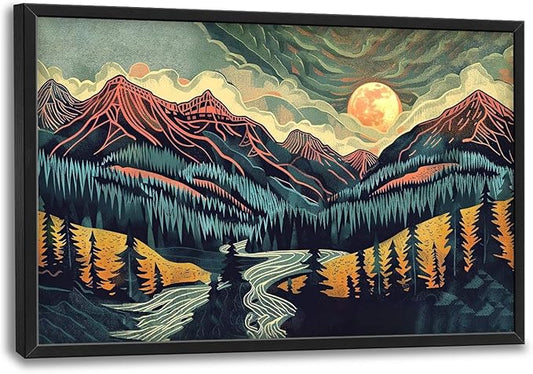 Quorin Boho Mountain Large Wall Art Abstract Pictures Lake Pine Tree Forest Foggy Sunset Wall Decor Nature Landscape Canvas Print Painting Artwork for Bathroom Living Room Bedroom 36L x 24W