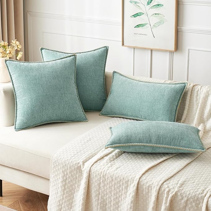 MIULEE Pack of 2 Couch Throw Pillow Covers 16x16 Inch Aqua Green Farmhouse Decorative Pillow Covers with Stitched Edge Soft Chenille Solid Dyed Spring Pillow Covers for Sofa Bed Living Room