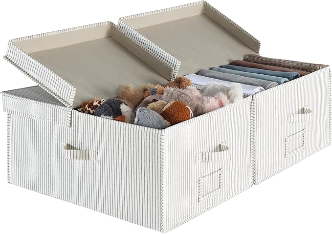 StorageWorks Extra Large Storage Bins with Lids, 55L Decorative Organizer with Divider Board, Fabric Boxes with Handles, Gray and White Stripes, 2-Pack