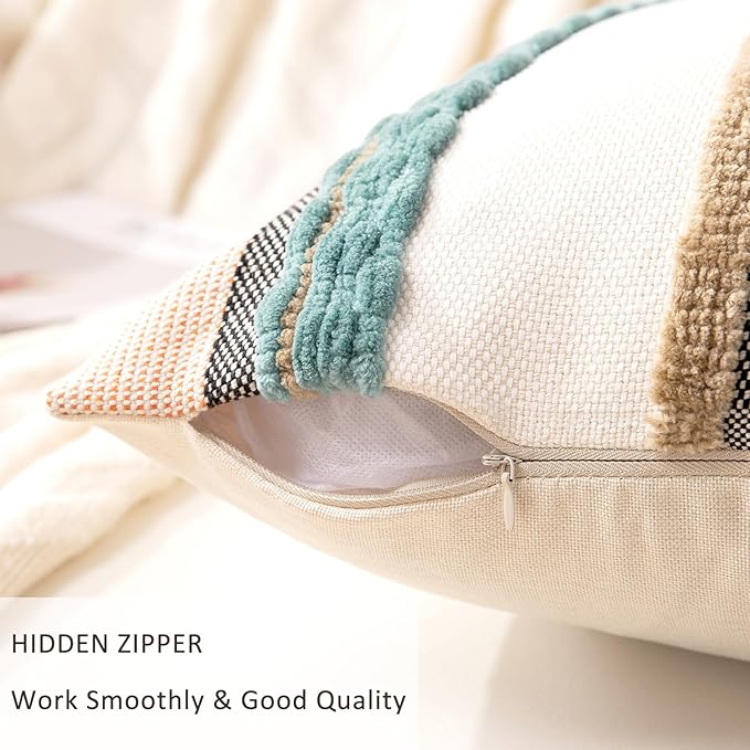 Boho Throw Pillow Covers 18x18 Set of 2 Farmhouse Decorative Cushion Case Striped Square Pillows Cover Chenille Pillow Cases Accent Neutral Pillowcase for Sofa Couch Bed,Blue