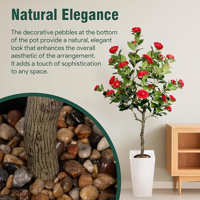 Artificial Camellia Tree 5FT, Red Flower Tree in White Pot, Faux Outdoor Indoor Plant, Potted Artificial Flower for Home Office Housewarming Porch Decor (61'' Height)