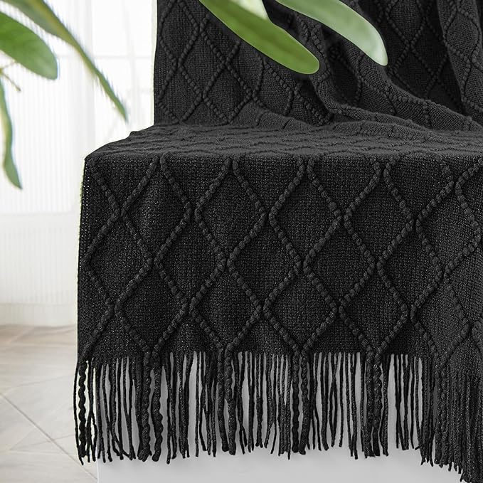 inhand Knitted Throw Blankets for Couch and Bed, Soft Cozy Knit Blanket with Tassel, Black Lightweight Decorative Blankets and Throws, Farmhouse Warm Woven Blanket for Men and Women, 60"x80"