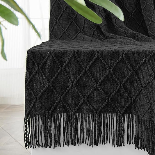 inhand Knitted Throw Blankets for Couch and Bed, Soft Cozy Knit Blanket with Tassel, Black Lightweight Decorative Blankets and Throws, Farmhouse Warm Woven Blanket for Men and Women, 60"x80"