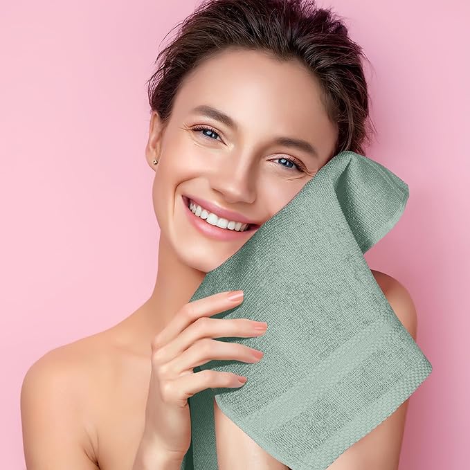 GLAMBURG Ultra Soft 12-Piece Washcloths Set 13x13-100% Ringspun Cotton - Durable & Highly Absorbent Face Towels - Ideal for use in Bathroom, Kitchen, Gym, Spa & General Cleaning - Jade
