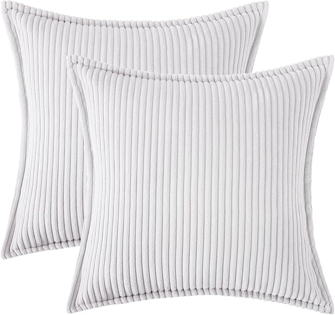 Mecatny Corduroy Throw Pillow Covers 16x16 Set of 2, Neutral Decorative Soft Boho Couch Pillow Covers with Broadside for Sofa Living Room, Grey