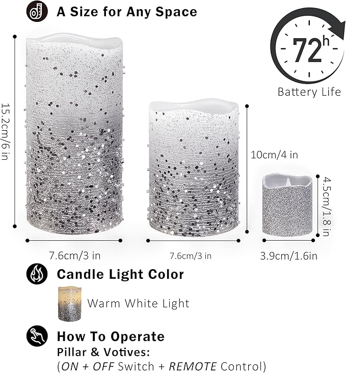 FURORA LIGHTING Silver Glitter LED Candles with Remote and Timer, 4 Pillars and 4 Votives Pack of 8, Real Wax Flameless Flickering Candles for Home Décor, Battery Included
