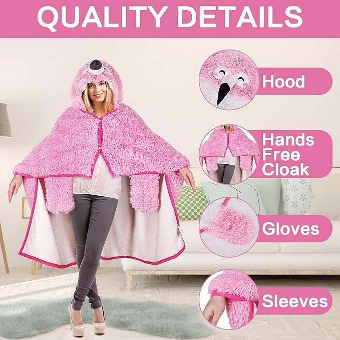 Flamingo Wearable Hooded Blanket for Adults - Fluffy Super Soft Shaggy Faux Fur, Fuzzy Warm Cozy Plush Furry Fleece & Sherpa Hoodie Throw Cloak Wrap - Flamingo Gifts for Women Adults and Kids