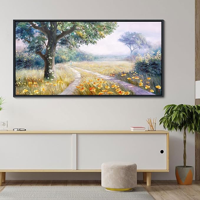 CHATYOUNG Canvas Wall Art Framed, Rustic Trails Orange flowers Landscape Wall Pictures Farmhouse Large Gallery Paintings 24"X48" for Living Room Bedroom Bathroom Birthday Gift Home Decor