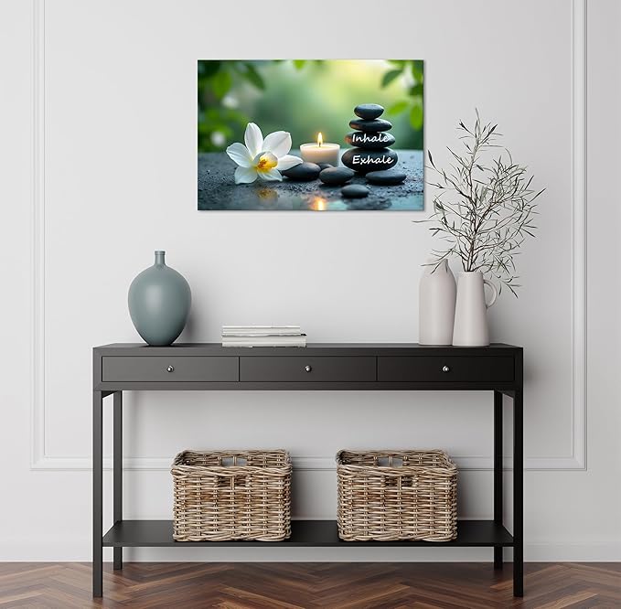 YIOZHAOFH Louts Wall Art Yoga Room Painting Zen Office Decor Women Spa Picture Calming Relax Canvas Prints Inhale Exhale Artwork Framed for Living Room Ready to Hang (12L" x 16W")