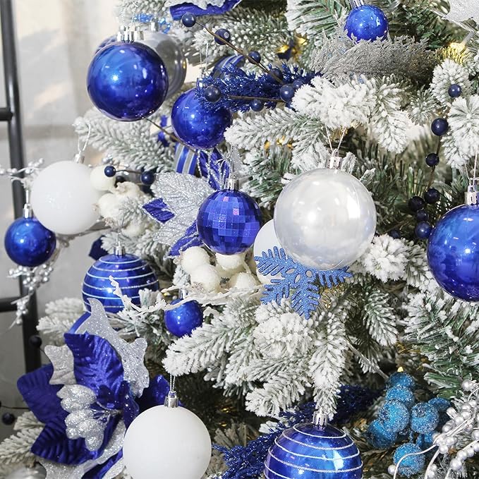Sea Team 87-Pack Shatterproof Blue Christmas Ball Ornaments Set, Assorted Multi-Sized Hanging Baubles, Xmas Tree Decorations, Seasonal Décor for Holiday Wreath Garland, Hooks Included