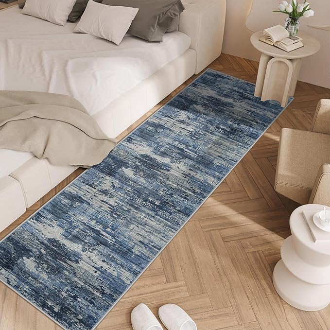 Runner Rug 2'6''x8' Washable Rugs: Machine Washable Hallway Runner Rug with Non Slip Backing Non Shedding Abstract Stain Resistant Carpet for Kitchen Entryway Laundry Bedroom - Beige/Blue