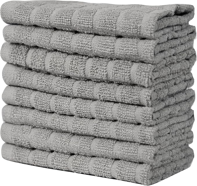 Premium Dish Towels (12”x 12”, 8 Pack) | Cotton Kitchen Hand Towels | Kitchen Towels | Highly Absorbent Tea Towels Set | Grey