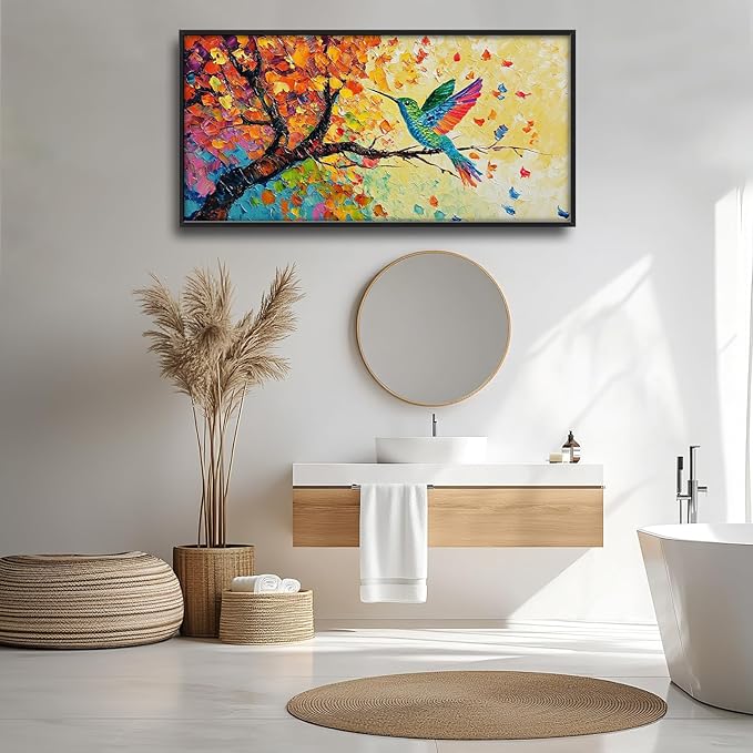 Hummingbird Framed Wall Art for Living Room, Large Bird Canvas Wall Decor, Hummingbirds on Branch Pictures Painting, Modern Artwork for Bathroom Bedroom 60L'' × 30W''
