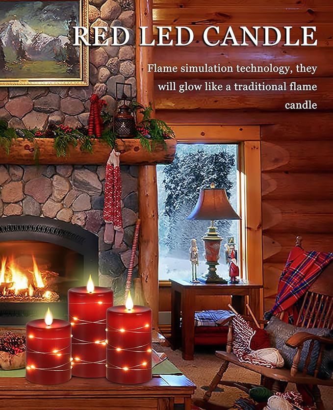 Da by Red Flameless Candles with String Lights, Battery Operated Candles with Remote Control and Timer,Flickering LED Pillar Candles for Home Décor,Real Wax,3 Pack -Red