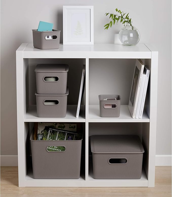 Superio Ribbed Collection - Decorative Plastic Lidded Home Storage Bins Organizer Baskets, Medium Taupe (1 Pack - 5 Liter) Stackable Container Box, for Organizing Closet Shelves Drawer Shelf