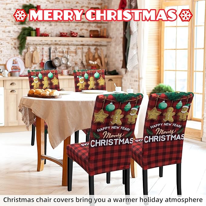 Christmas Chair Covers for Dining Chairs, Dining Room Chair Covers Set of 4, Stretch Parsons Chair Slipcovers, Removable Washable kitchen Chair Cover for Home Hotel Banquet Holiday Decoration