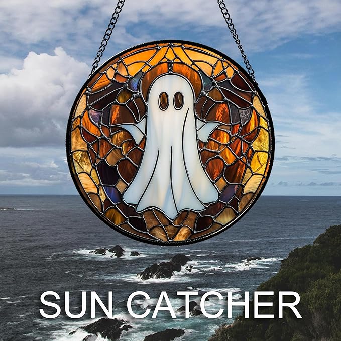 Stained Glass Window Hanging Halloween White Horror Ghost 6.3" - Suncatcher Door Garden Kitchen Sun Catcher Home Gothic Decor Birthday for Mom Men Woman Friend Grandma