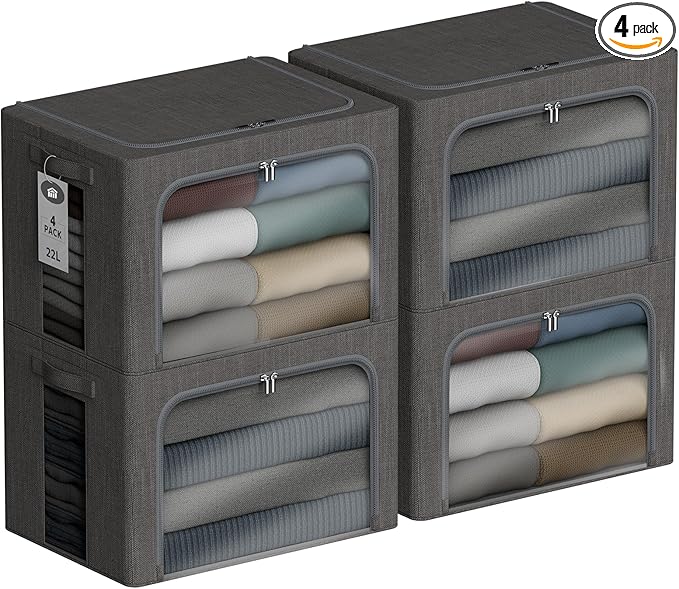 4 Pack Clothes Storage Bins with Metal Frame - 22L Stackable Storage Box with Lid，Foldable Storage Container Organizer for Clothes，Linen Fabric Storage Box with Clear Window＆Zippers＆Handles
