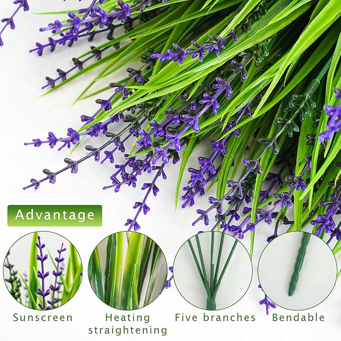 10 Pcs Artificial Plants Outdoor, UV Resistant Fake Outdoor Flowers Plants Faux Plastic Monkey Grass for Outside Front Porch Garden Window Box Home Office Planters Desk Decor (Purple)