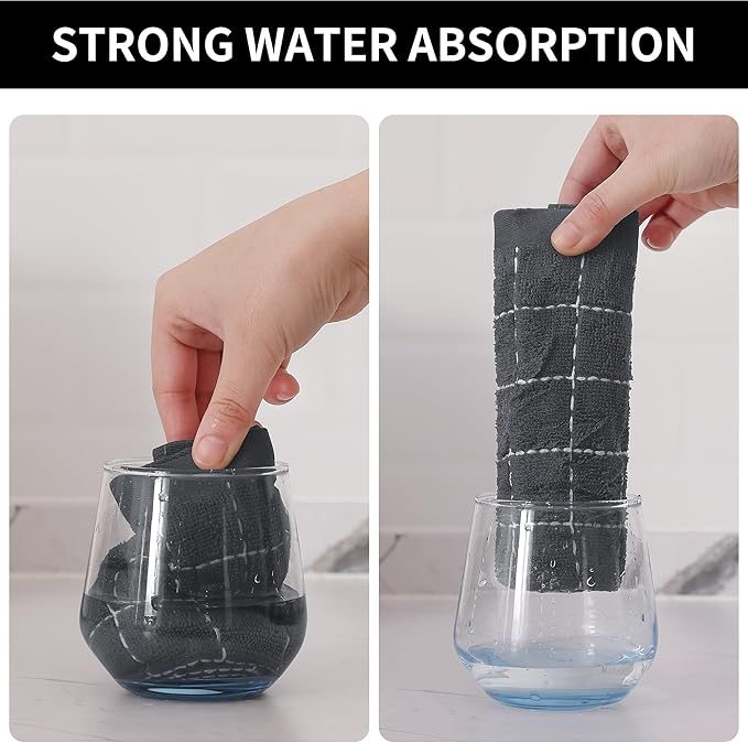 Homaxy 100% Cotton Terry Kitchen Towels(Grey, 13 x 28 inches), Checkered Designed, Soft and Super Absorbent Dish Towels, 6 Pack