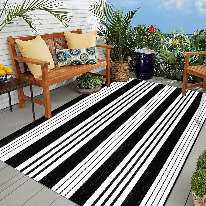 OJIA Outdoor Rug 5'x7' Patio Rug, Machine Washable Black and White Outdoor Rug Cotton Woven Area Rug Living Room Rug Farmhouse Indoor Carpet for Front Door/Porch/Deck/Backyard/Bedroom