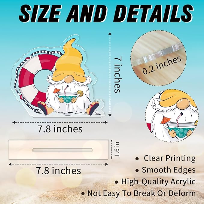 Hello Summer Acrylic Sign - Beach Gnomes Summer Acrylic Plaque - Seasonal Welcome Tabletop Decoration Sign Favors For Friends Family - Home Desk Office Shelf Supplies & Decor-A04